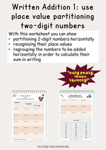 Written Addition 1: use place value partitioning two-digit numbers horizontally - TTLCIC