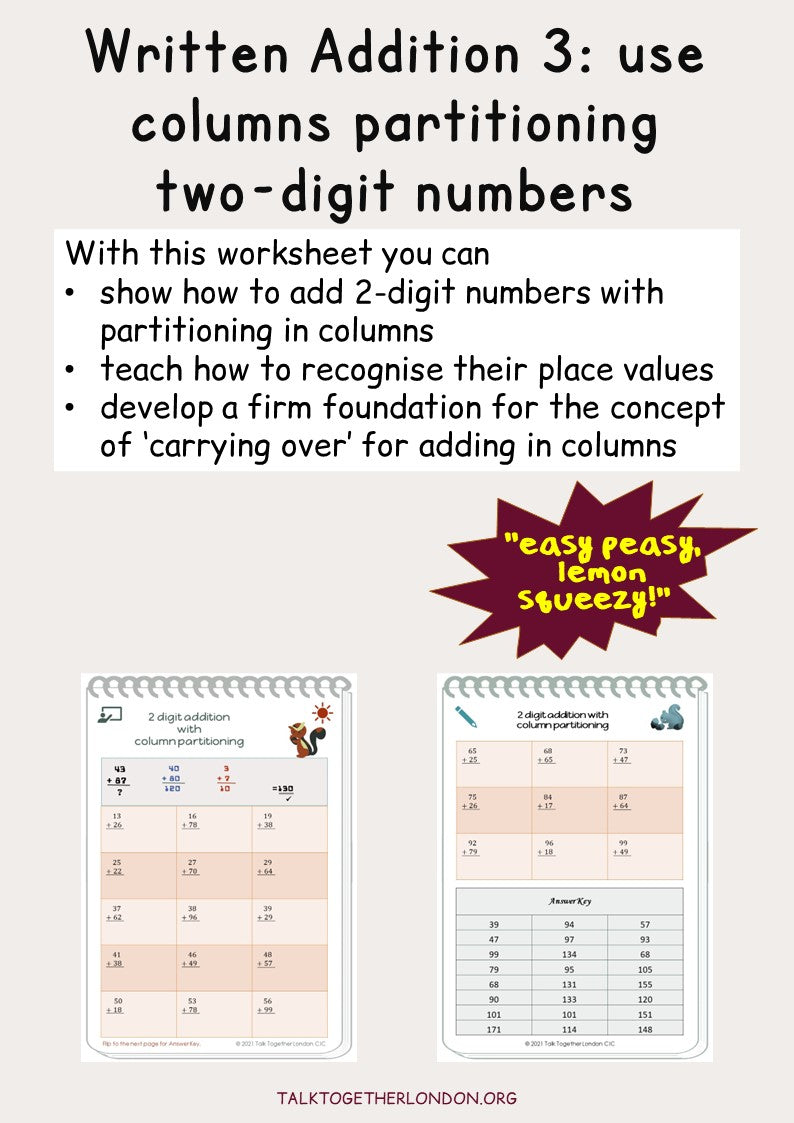 Written Addition 3: use place value partitioning two-digit numbers in columns