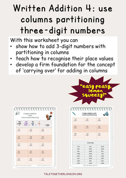 Written Addition 4: use place value partitioning three-digit numbers in columns