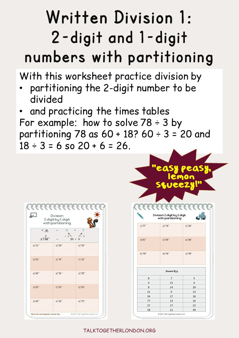 Written Division 1: two-digit and one-digit numbers with partitioning