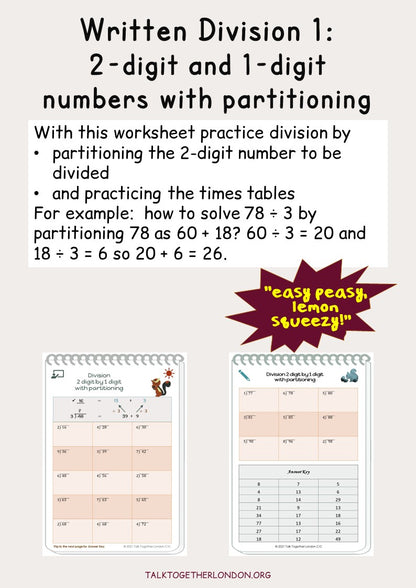 Written Division 1: two-digit and one-digit numbers with partitioning