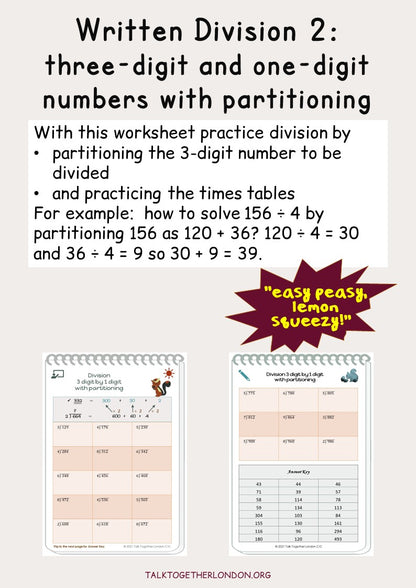 Written Division 2:  use place value partitioning three-digit and one-digit numbers