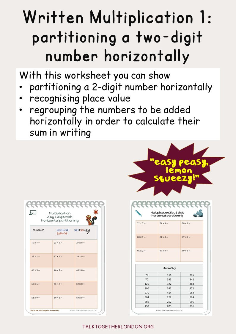 Written multiplication 1:  place value strategy to partition numbers horizontally