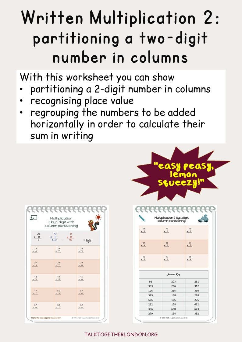Written multiplication 2:  place value strategy to partition numbers in columns