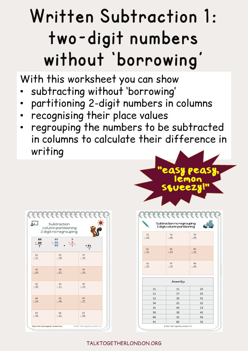 Written Subtraction 1:  use place value partitioning two-digit numbers in columns without borrowing