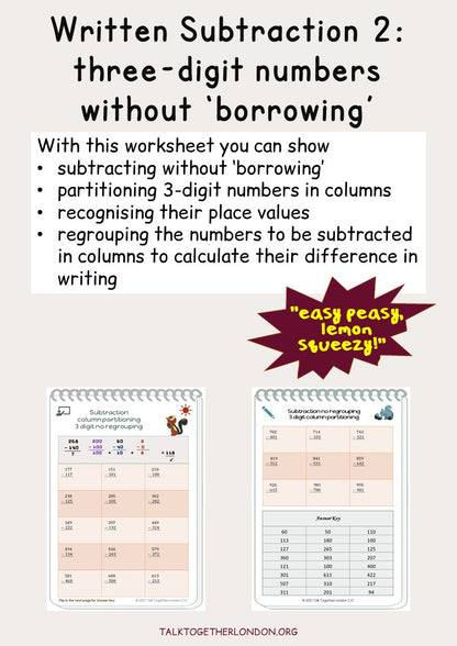 Written Subtraction 2: use place value partitioning three-digit numbers in columns without borrowing