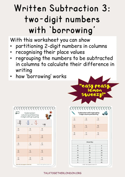 Written Subtraction 3:  use place value partitioning two-digit numbers in columns with borrowing
