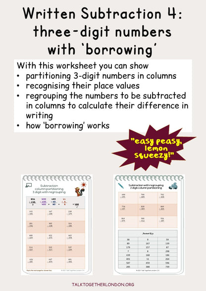 Written Subtraction 4:  use place value partitioning three-digit numbers in columns with borrowing